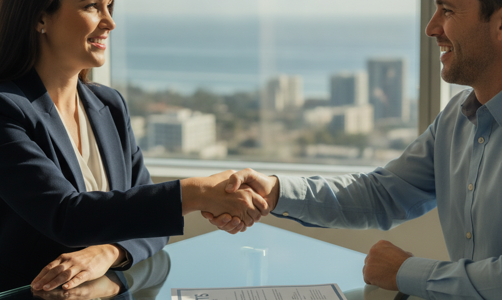 Real estate agent and client shaking hands.
