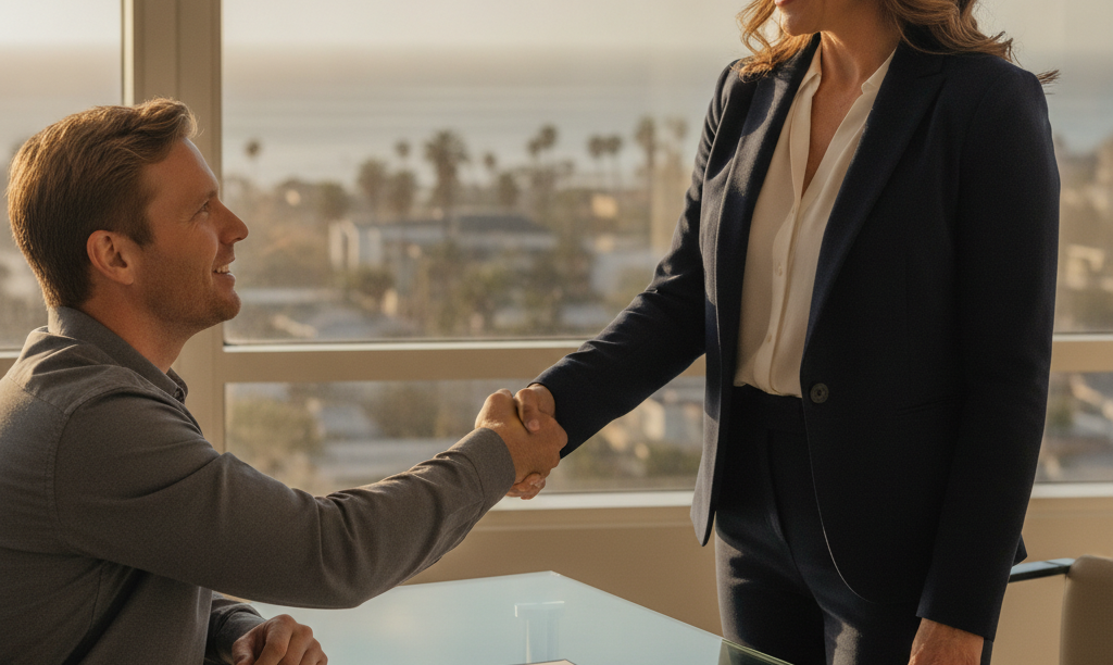 Real estate agent and client shaking hands.