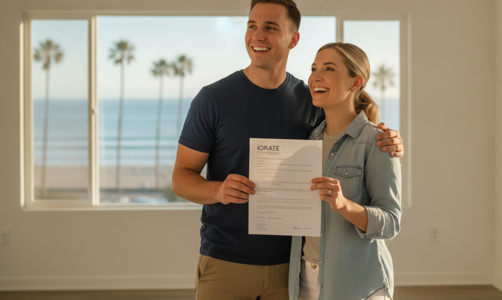 Military couple with iQRATE Mortgages letter in new San Diego home.