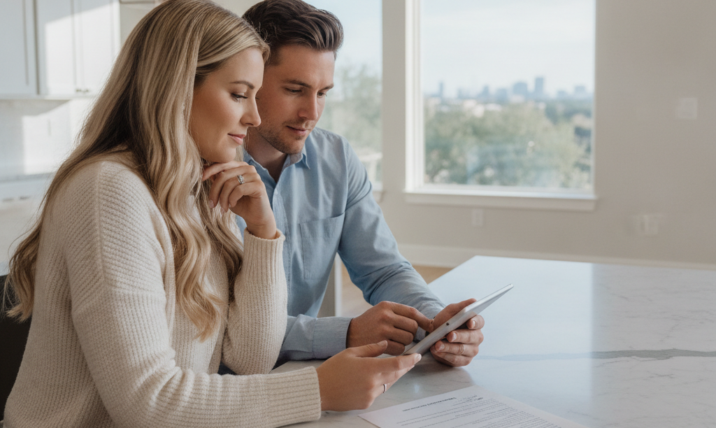 Couple in Austin home comparing loan costs.