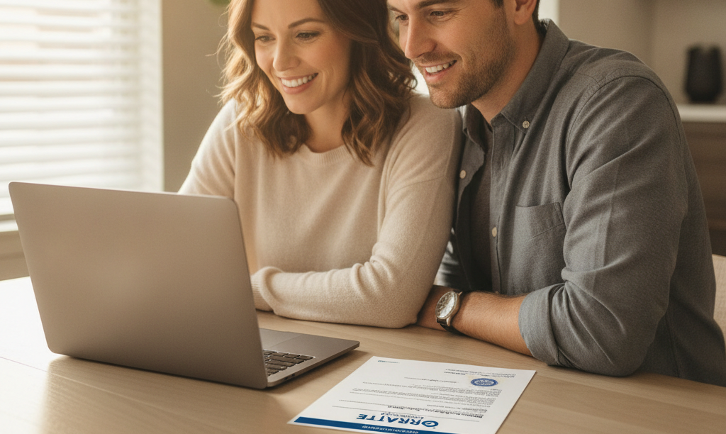 Couple smiling with relief reviewing iQRATE Mortgages document.