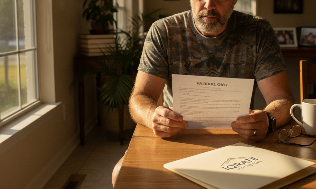 Veteran homeowner carefully reviewing a VA IRRRL offer.