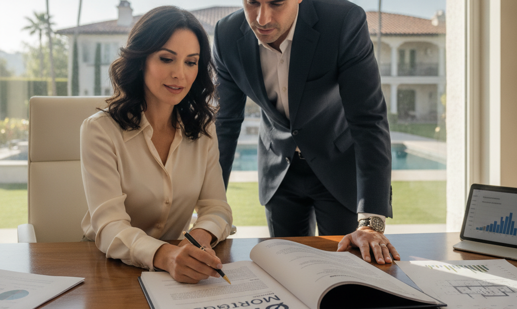 Couple reviewing iQRATE Mortgages jumbo loan documents.