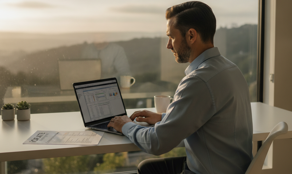 Tech professional reviewing iQRATE Mortgages loan documents.