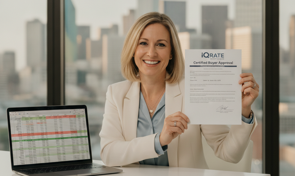 Dallas realtor confidently holding an iQRATE Mortgages document.