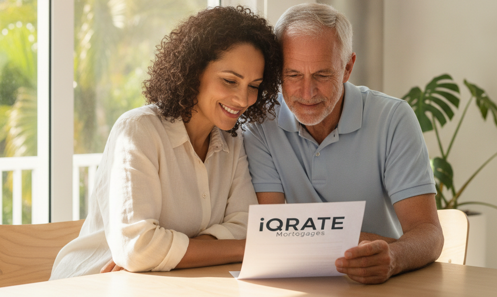 Veteran couple feeling relieved reviewing iQRATE Mortgages document.