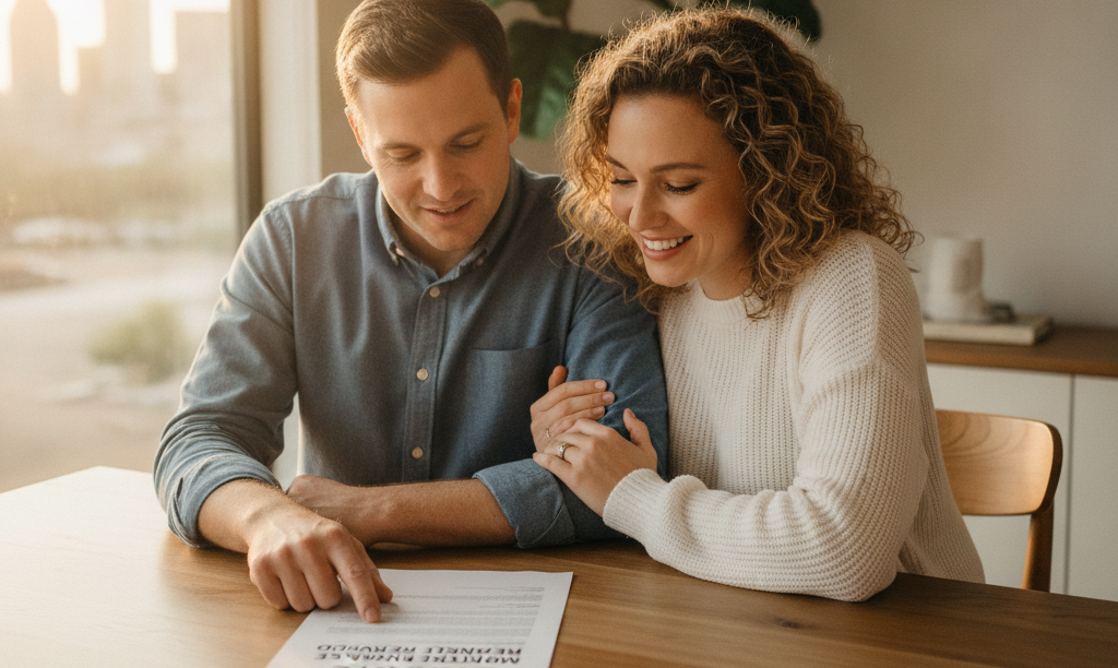 Texas couple feeling relieved reviewing iQRATE Mortgages refinance document.