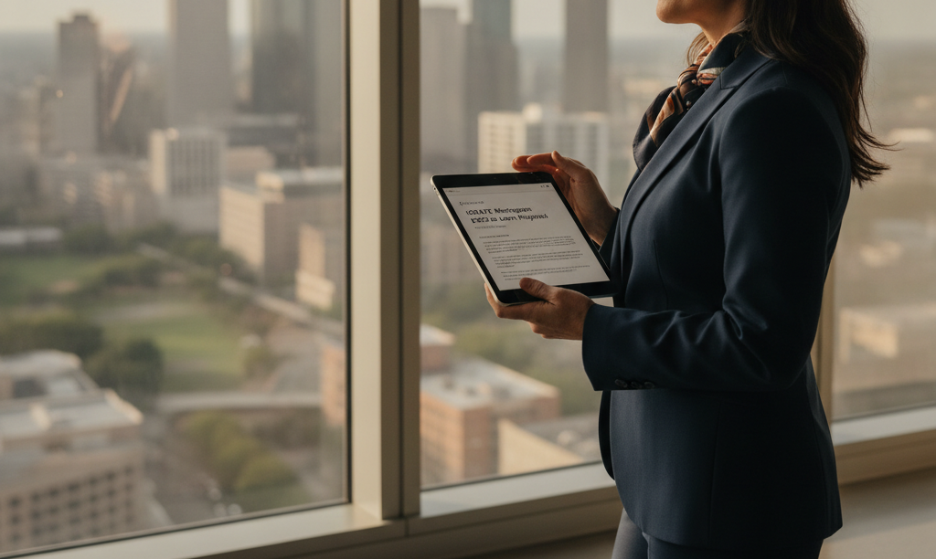 Investor with tablet viewing Houston skyline from apartment.