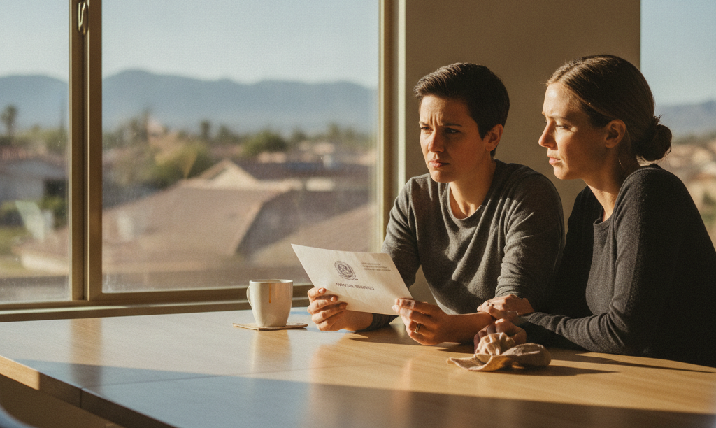 Couple looking concerned over a loan letter.