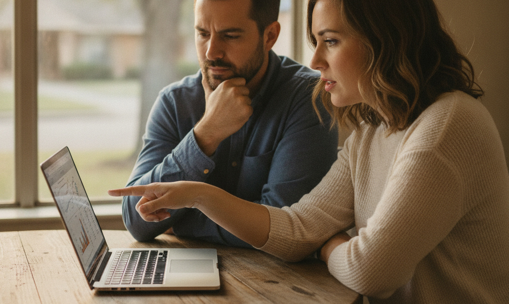 Couple looks confused by mortgage information on laptop.