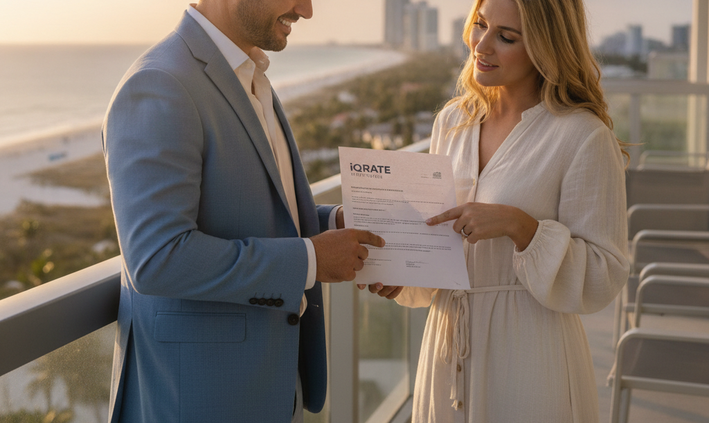 Realtor and homebuyer discussing iQRATE Mortgages certification.