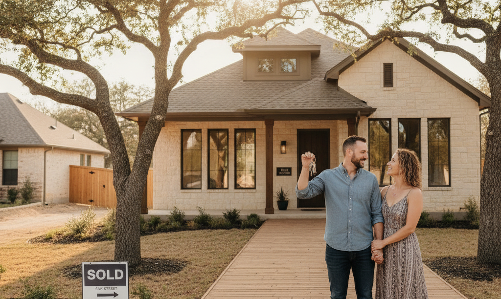 A happy couple on their new Texas home porch.