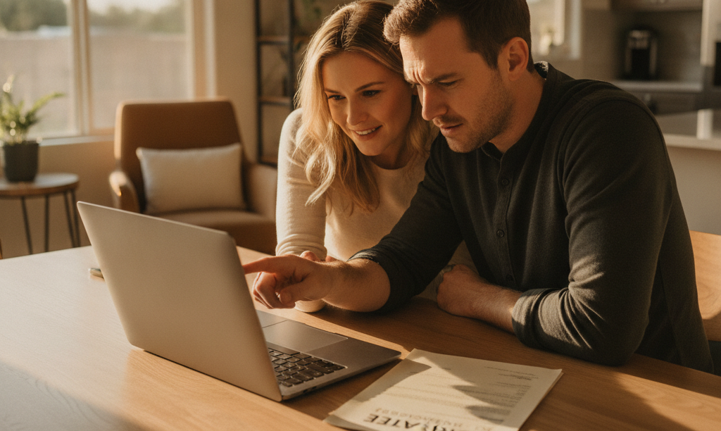 Couple reviewing iQRATE Mortgages document in California home.