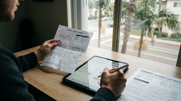 A person reviewing their credit report and financial documents.