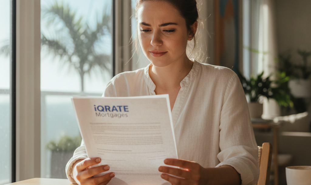 Hopeful woman reviewing iQRATE Mortgages FHA loan documents.