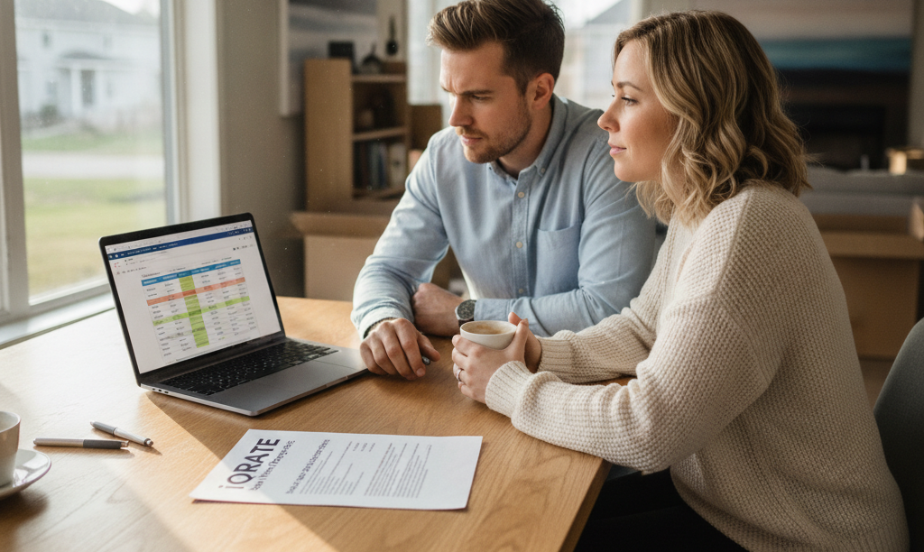 Couple planning their budget for property taxes.