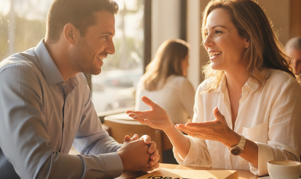 Loan officer and client discussing mortgages post-closing.