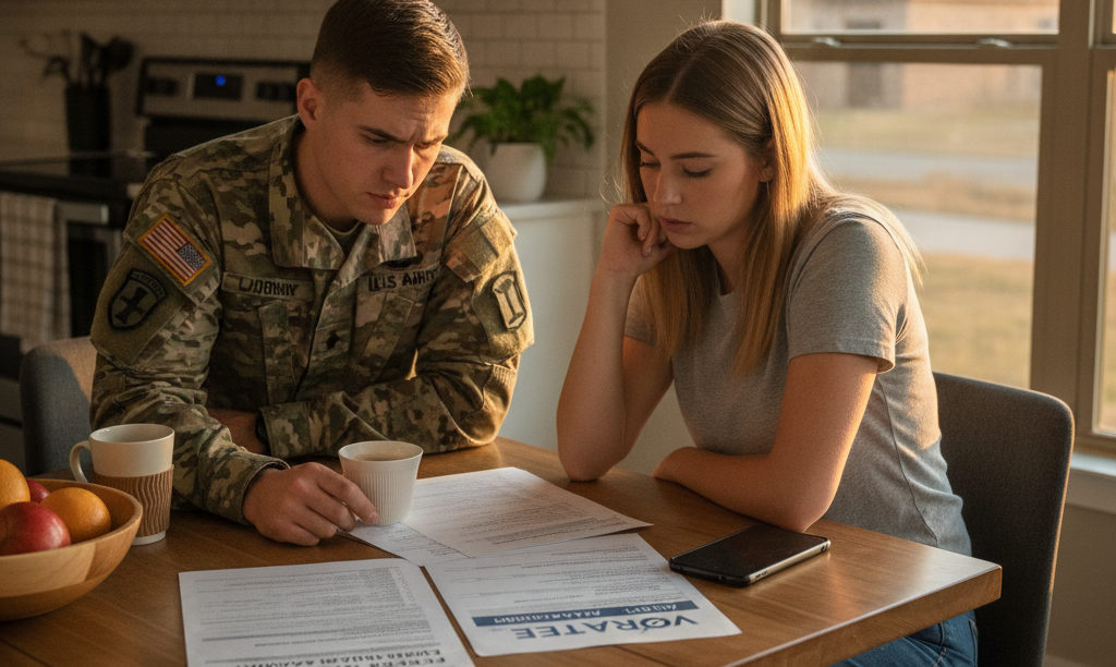 Military couple reviews VA loan and SAVE plan documents.