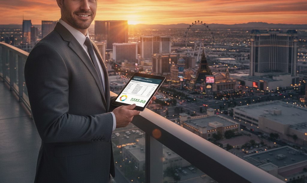 Investor on Las Vegas balcony reviewing finances.