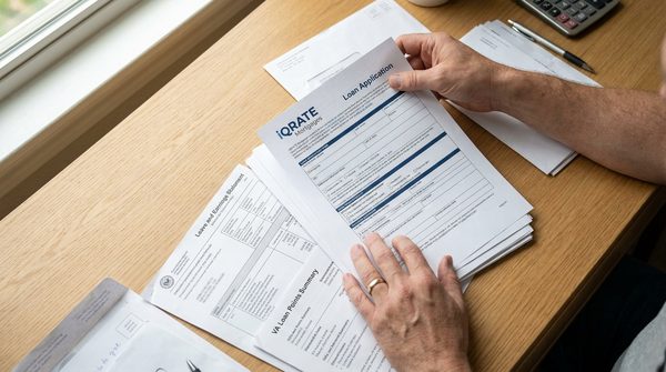 Service member organizing VA loan application documents on a laptop