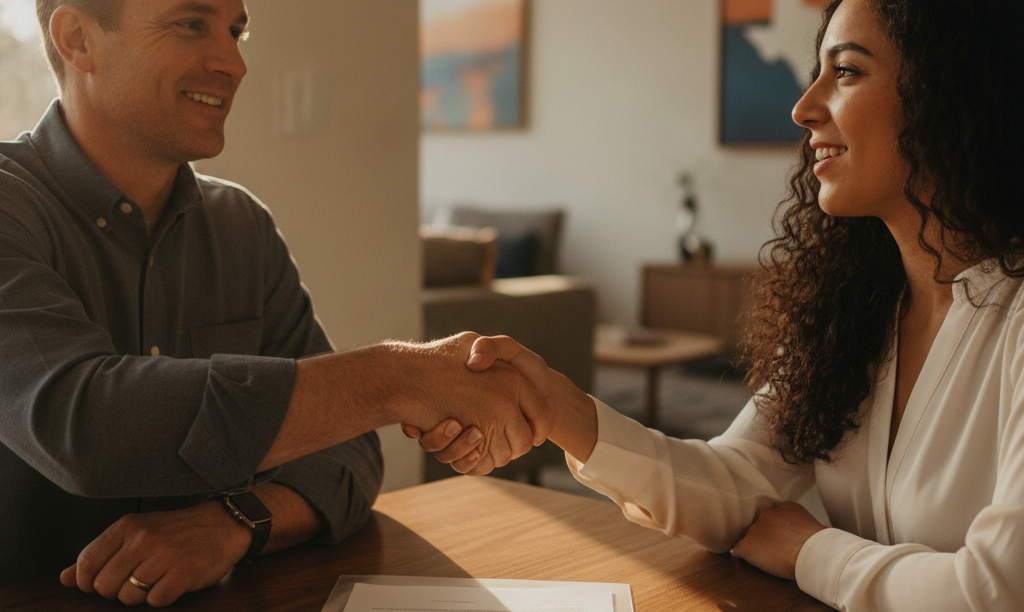 Veteran and homebuyer shaking hands over VA loan paperwork.