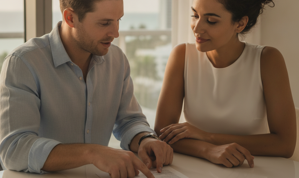Couple reviewing iQRATE Mortgages refinance documents at home.