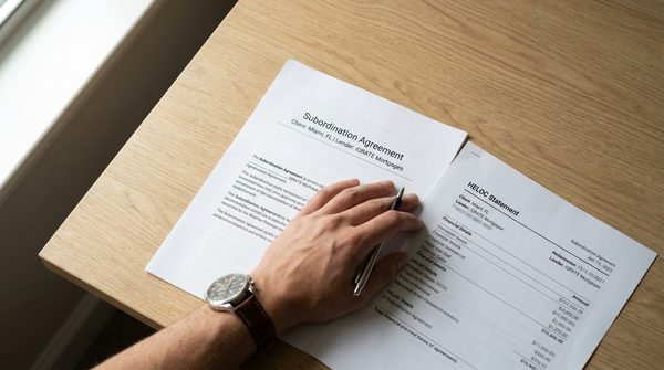 Homeowner signing a subordination agreement document for a mortgage refinance