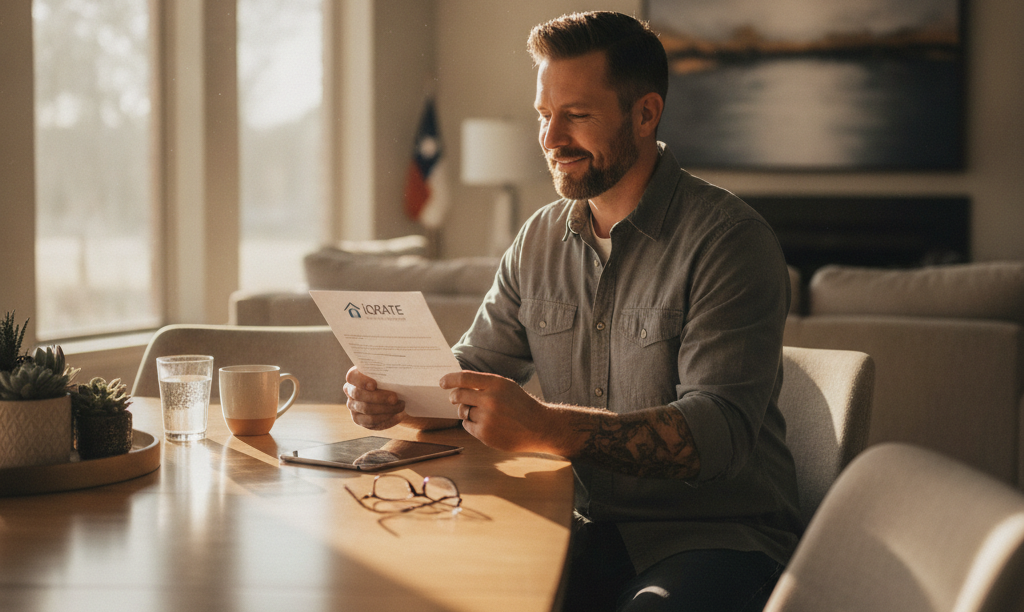 Veteran reviewing iQRATE Mortgages letter at home.