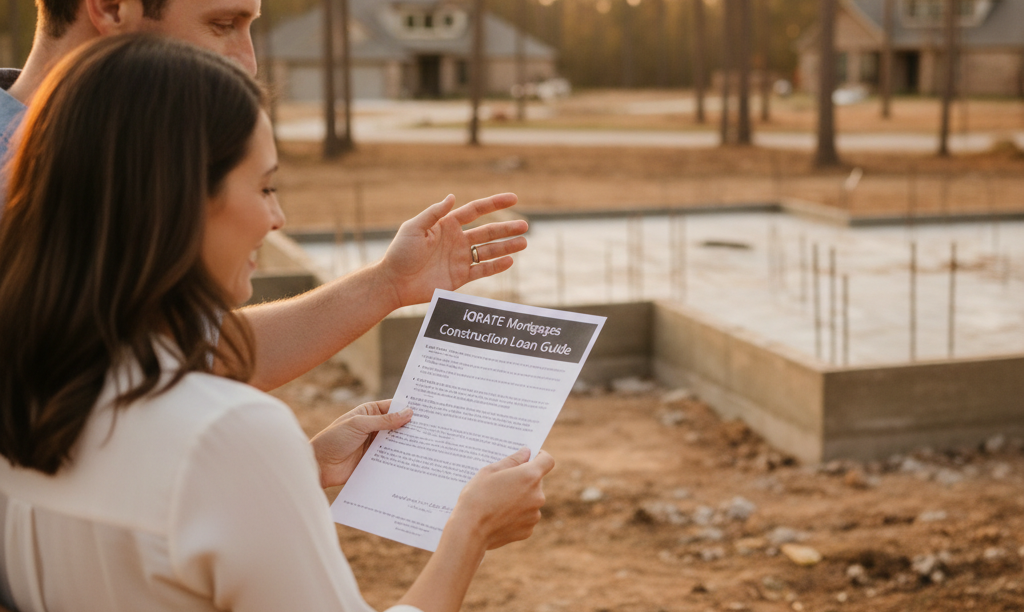 Couple reviewing iQRATE Mortgages guide on land.