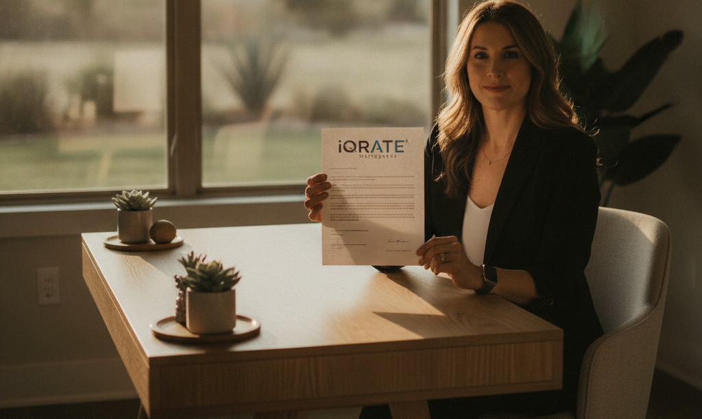 Confident Texas agent reviews iQRATE Mortgages document.