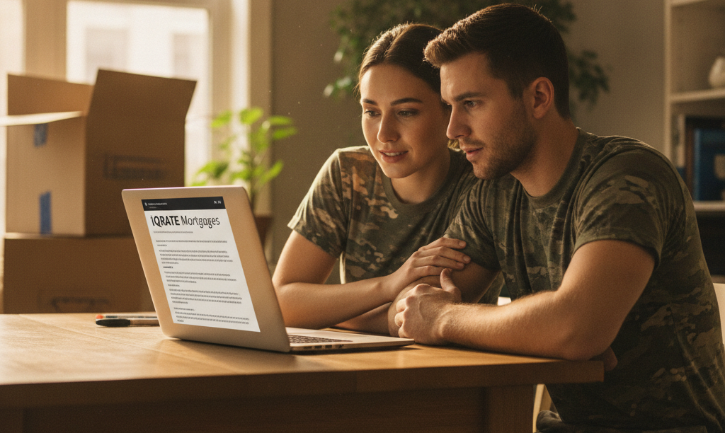 Military couple reviewing iQRATE Mortgages loan documents.