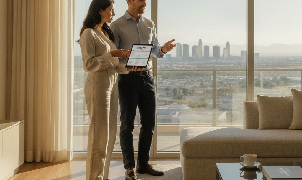 Couple reviewing iQRATE Mortgages options in luxury home.