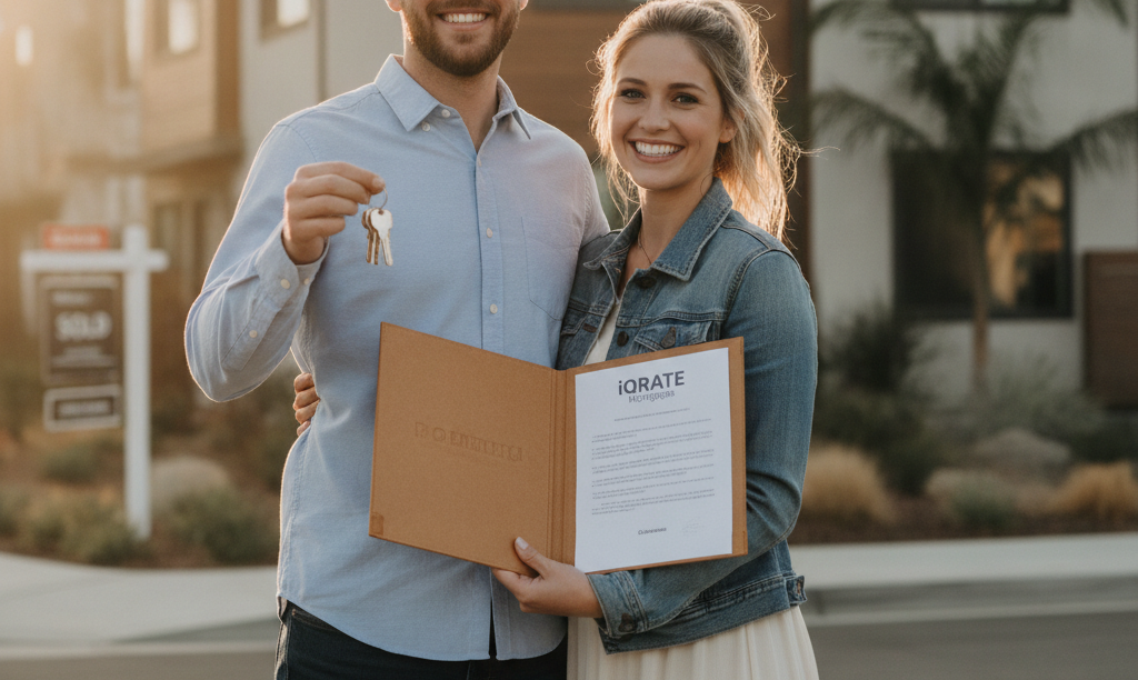 Veteran couple smiling proudly outside San Diego duplex.