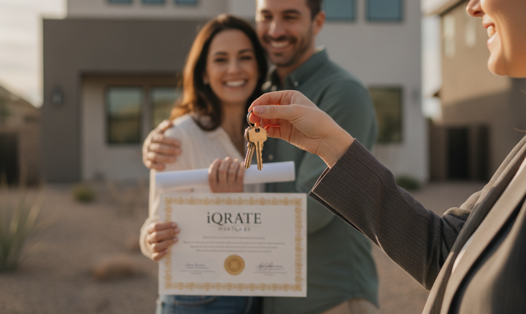 Couple receiving keys and iQRATE Mortgages certificate.