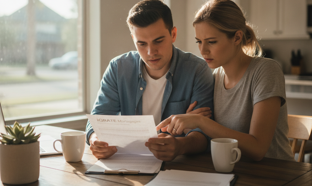 Concerned couple reviewing an iQRATE Mortgages letter.