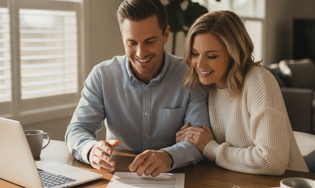 Couple at kitchen table planning mortgage finances.