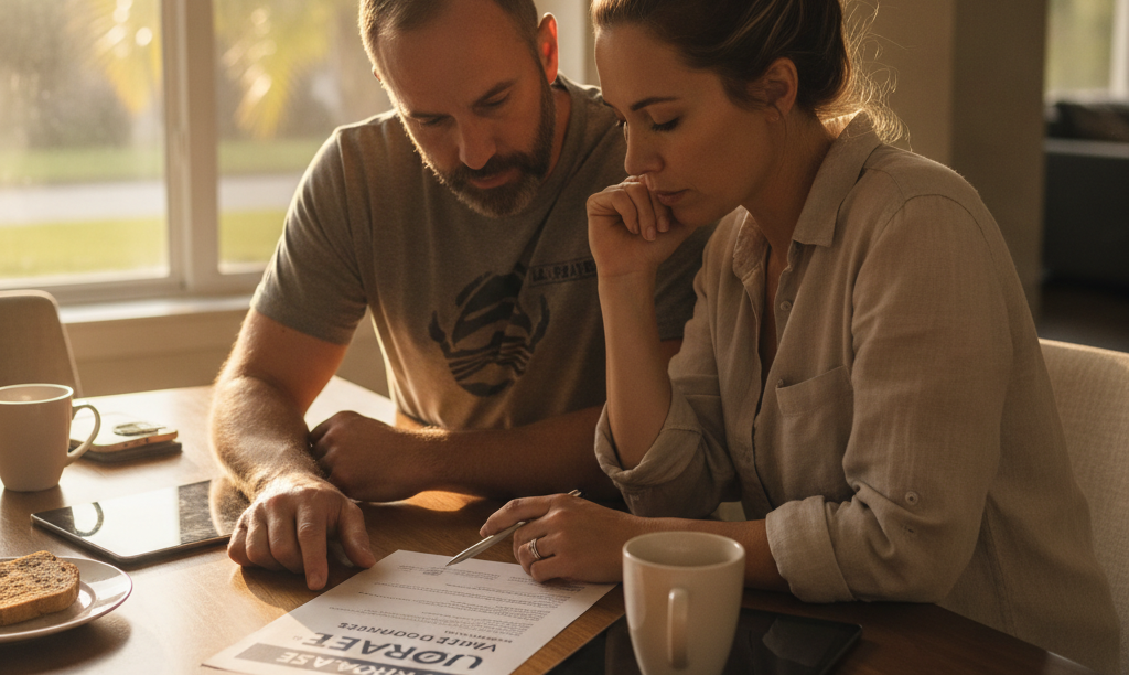 A couple reviewing VA refinance documents from iQRATE Mortgages.