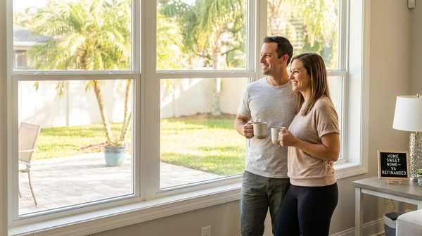 A couple happily reviewing their VA loan refinance options.