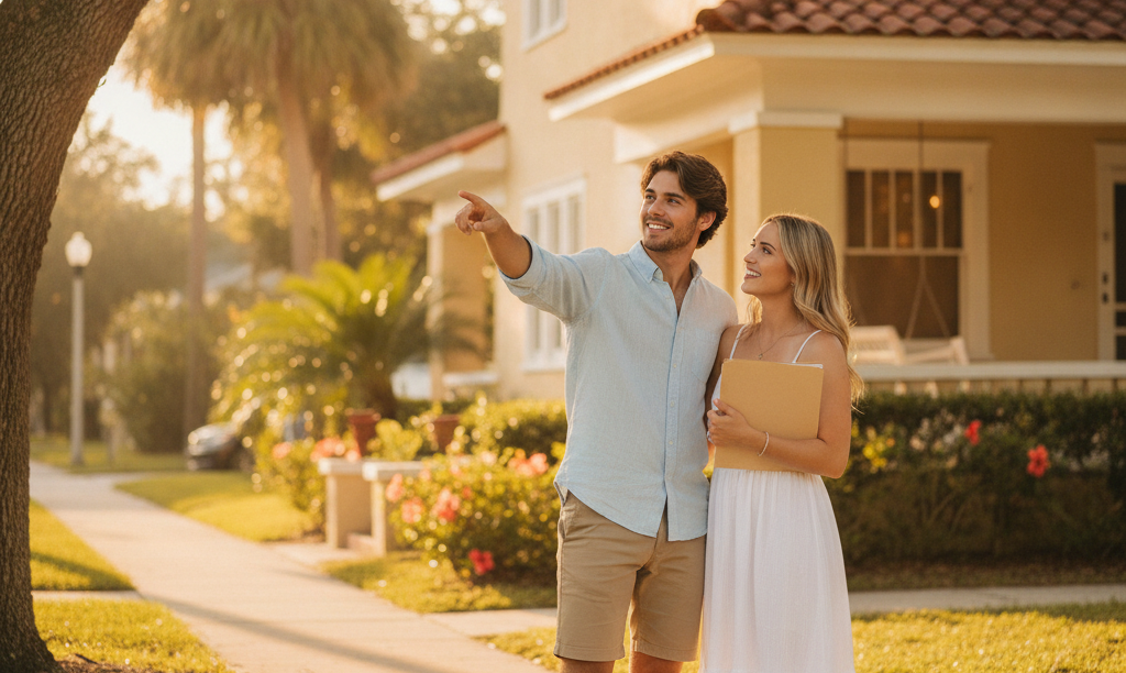 Couple discussing an older Florida home exterior.