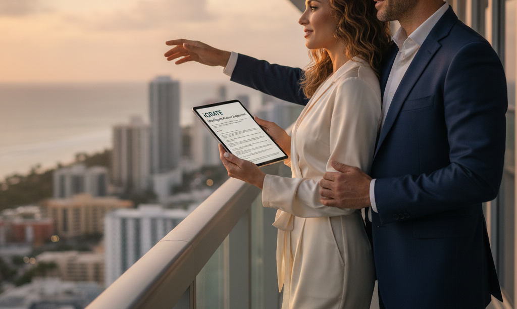 Foreign investor couple on Miami balcony reviewing mortgage.
