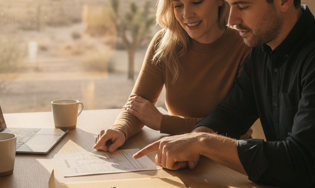Self-employed couple planning their mortgage in Nevada.