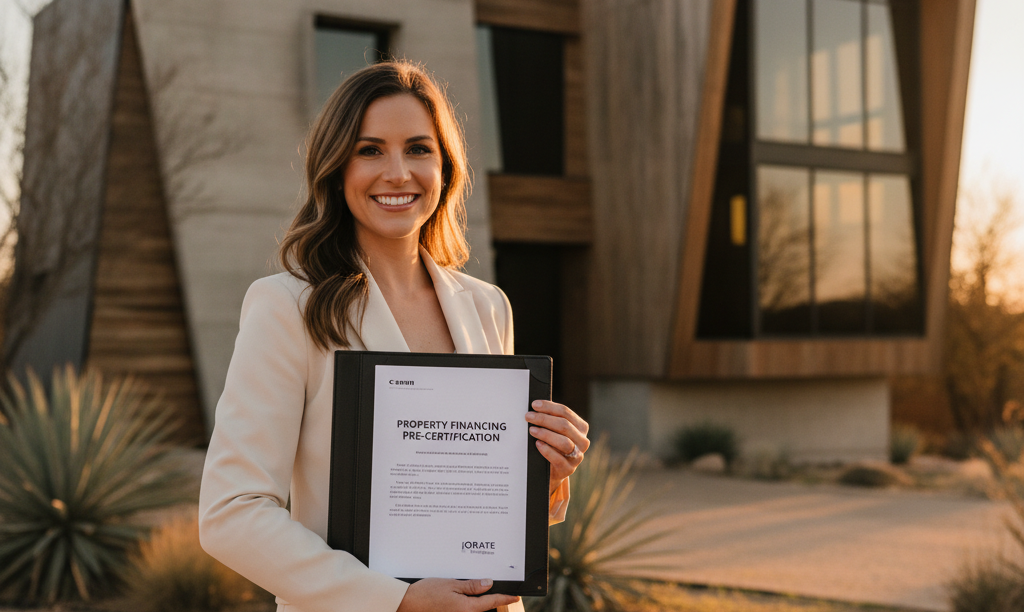 Agent holds iQRATE Mortgages financing pre-certification document.