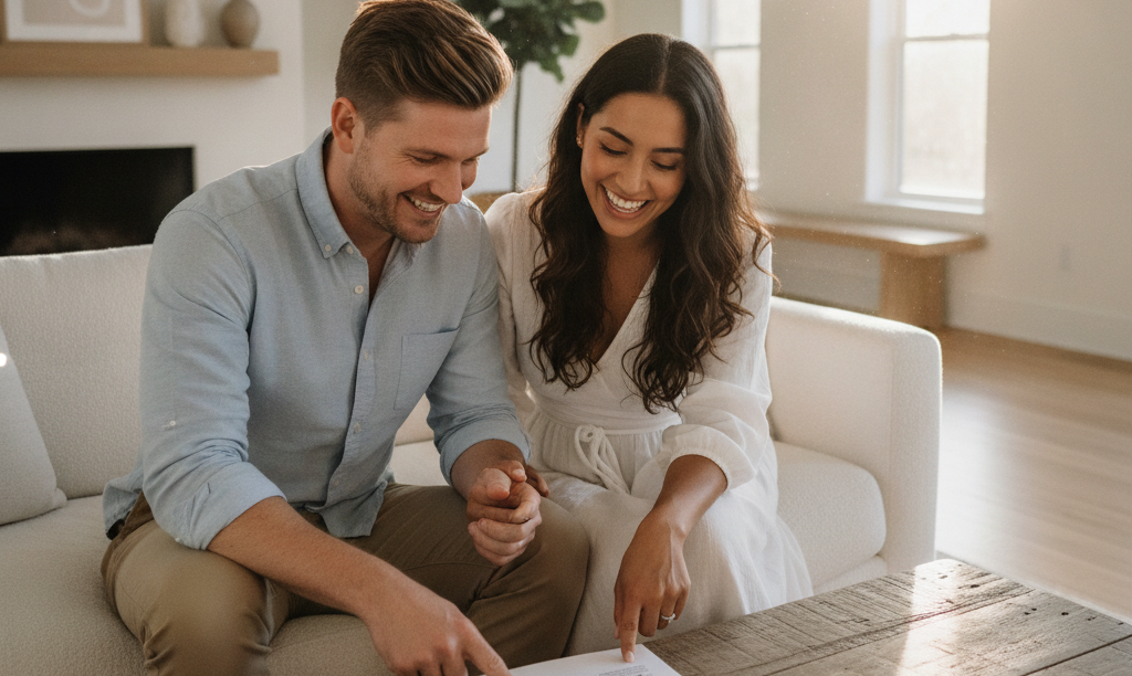 Couple reviews iQRATE Mortgages loan approval at home.