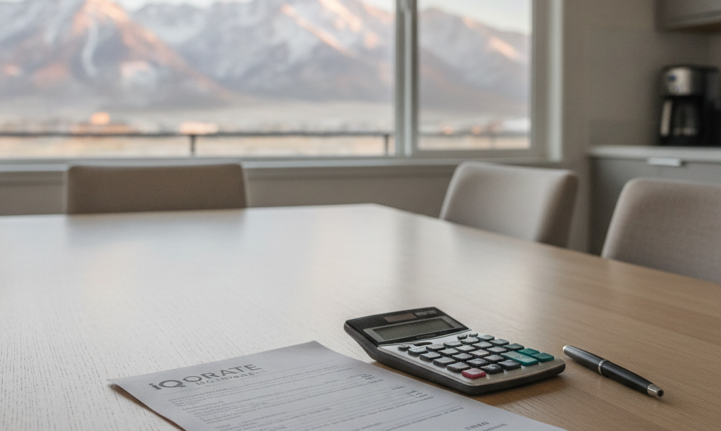 A mortgage document from iQRATE Mortgages on a table.