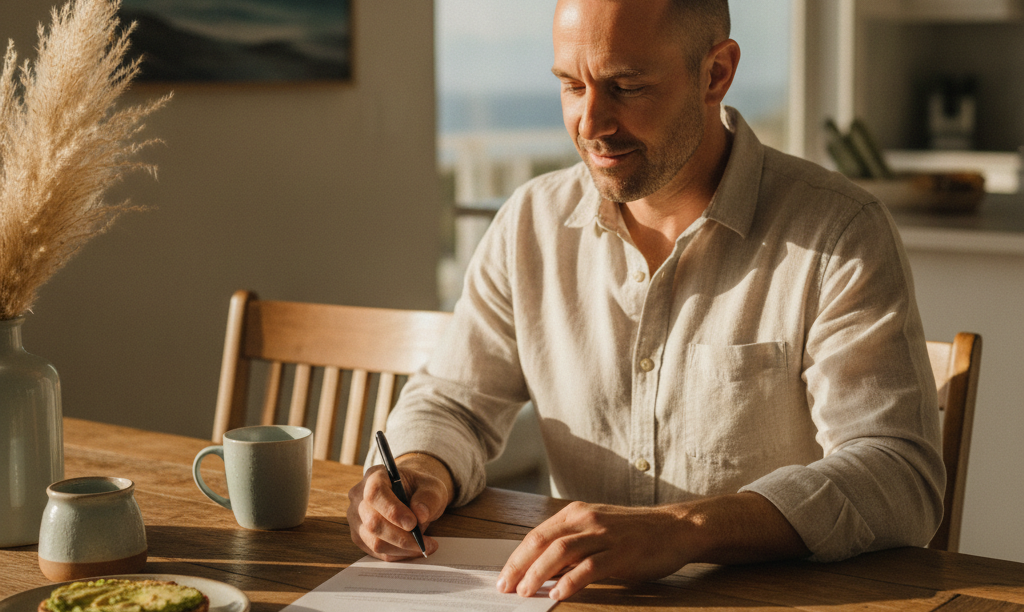 Veteran reviewing iQRATE Mortgages document in California.