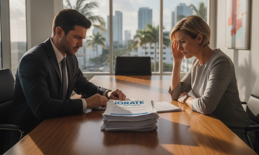 Brokers discussing liability over mortgage paperwork in Miami.