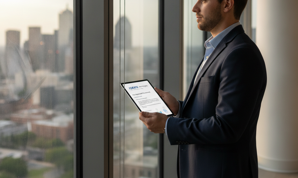 Medical professional views Dallas skyline with mortgage document.