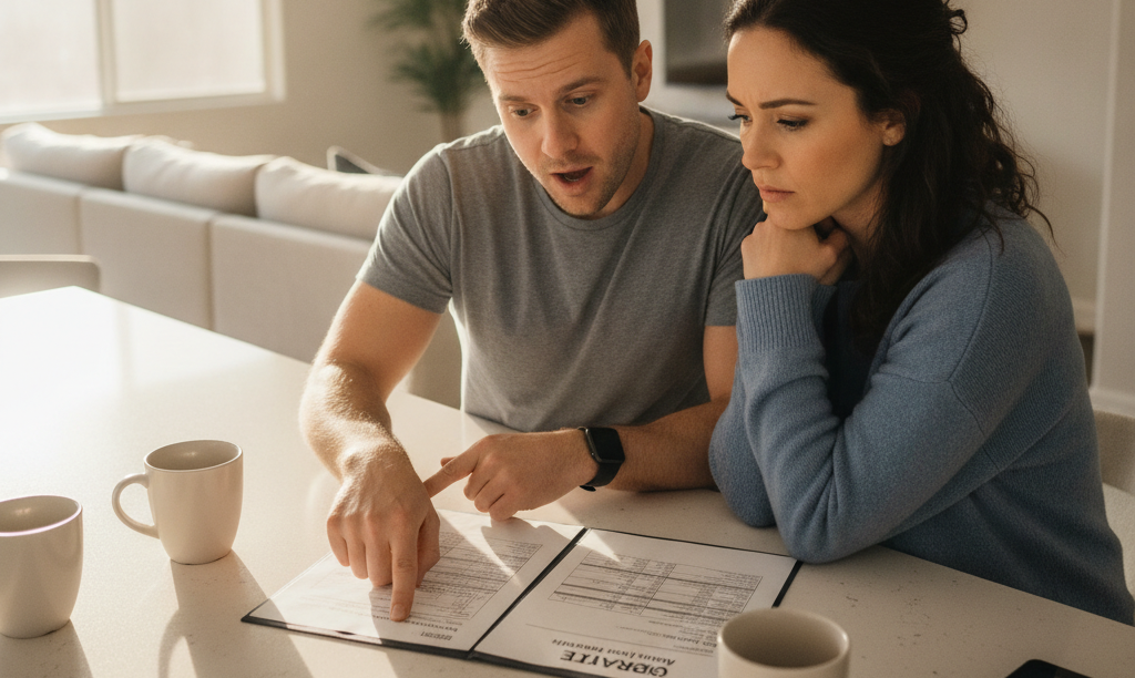 Couple reviewing an iQRATE Mortgages escrow statement.
