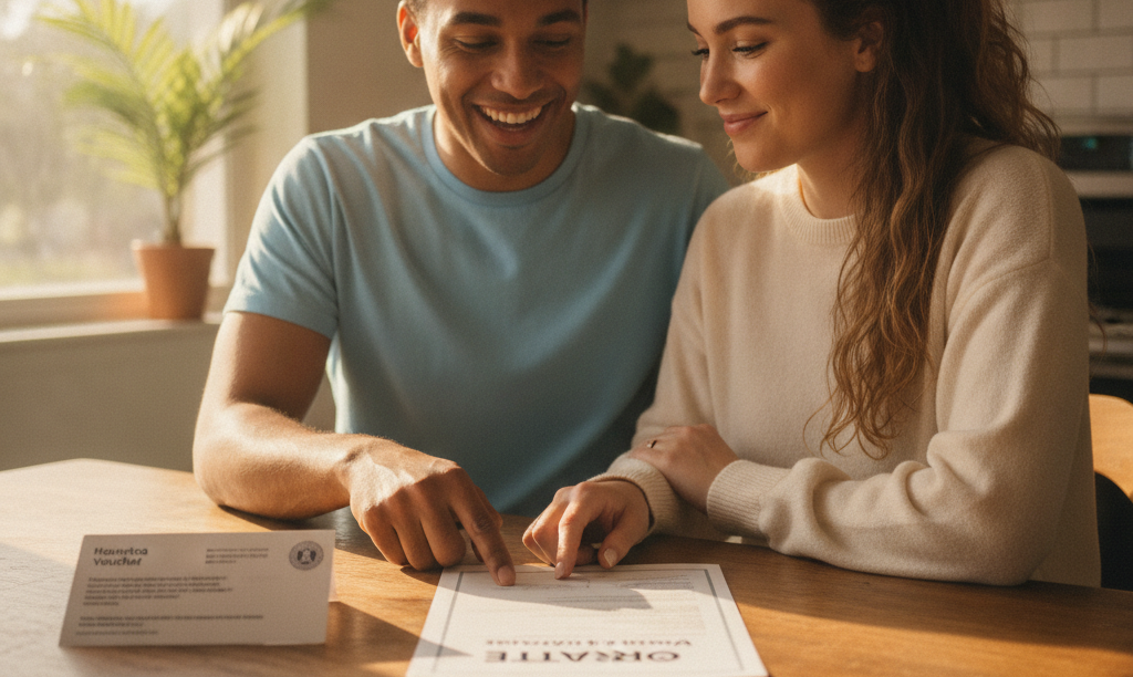 Couple reviewing iQRATE Mortgages document with housing voucher.