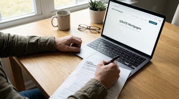 A person reviewing mortgage loan application documents at a desk.